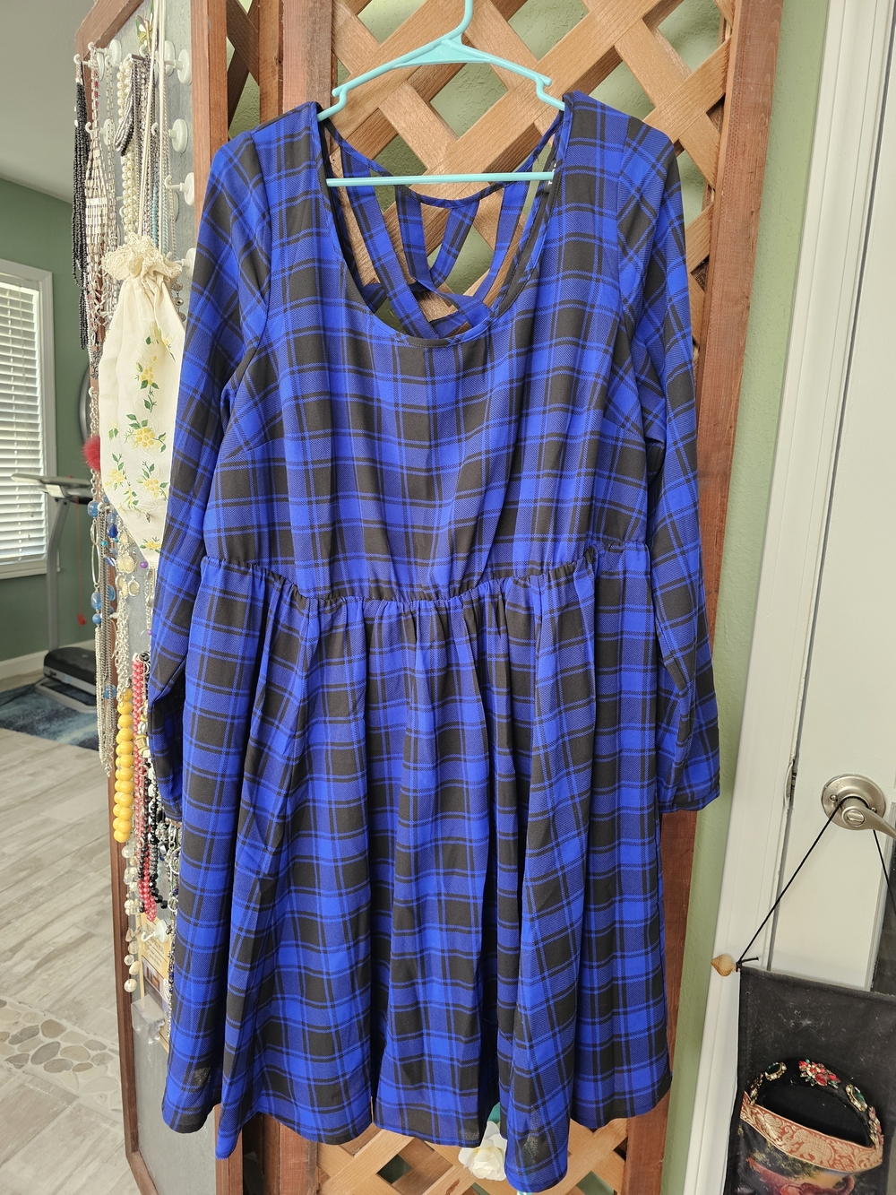 torrid Blue and Black Plaid Long-Sleeve Dress with Crisscross Back Detail